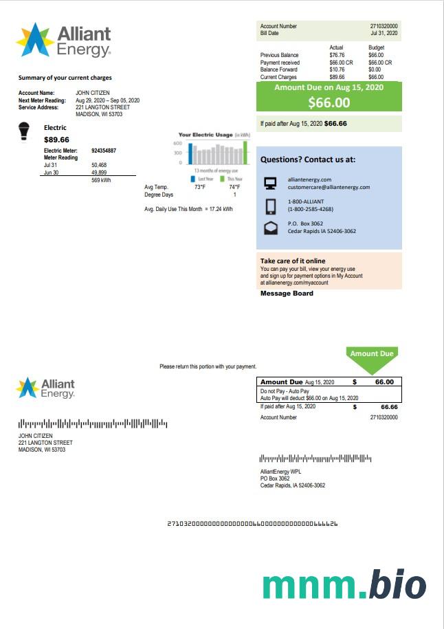 USA Wisconsin Alliant Energy szablon rachunku za energię elektryczną w formacie Word i PDF